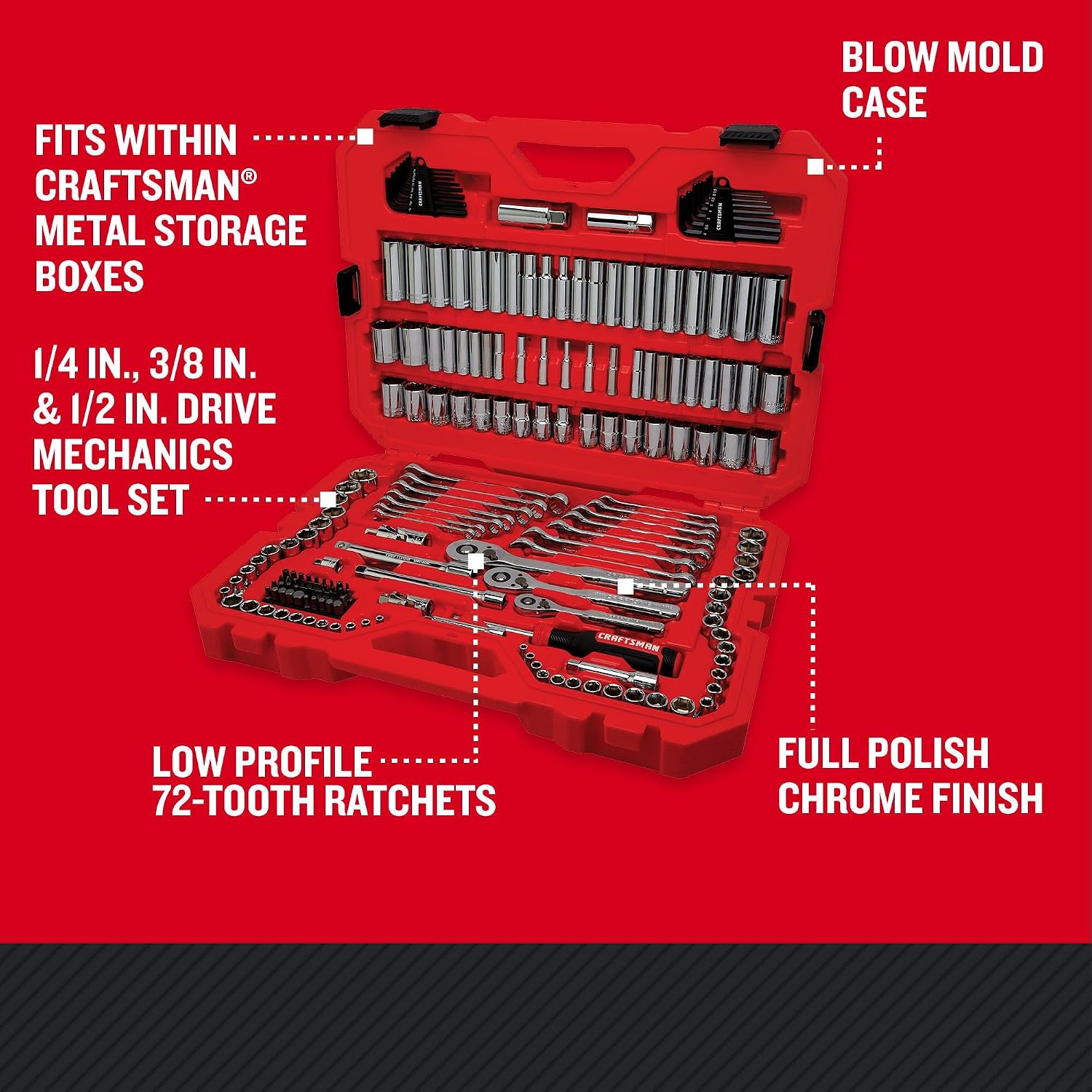 CRAFTSMAN Mechanic Tool Set 189 Pcs, 1/4, 3/8, 1/2 Socket Set with 72 Tooth Low Profile Ratchet, Steel 6 and 12 point Sockets, Wrenches, Hex Keys, Deep Sockets, Bits, Metric and SAE (CMMT12134)