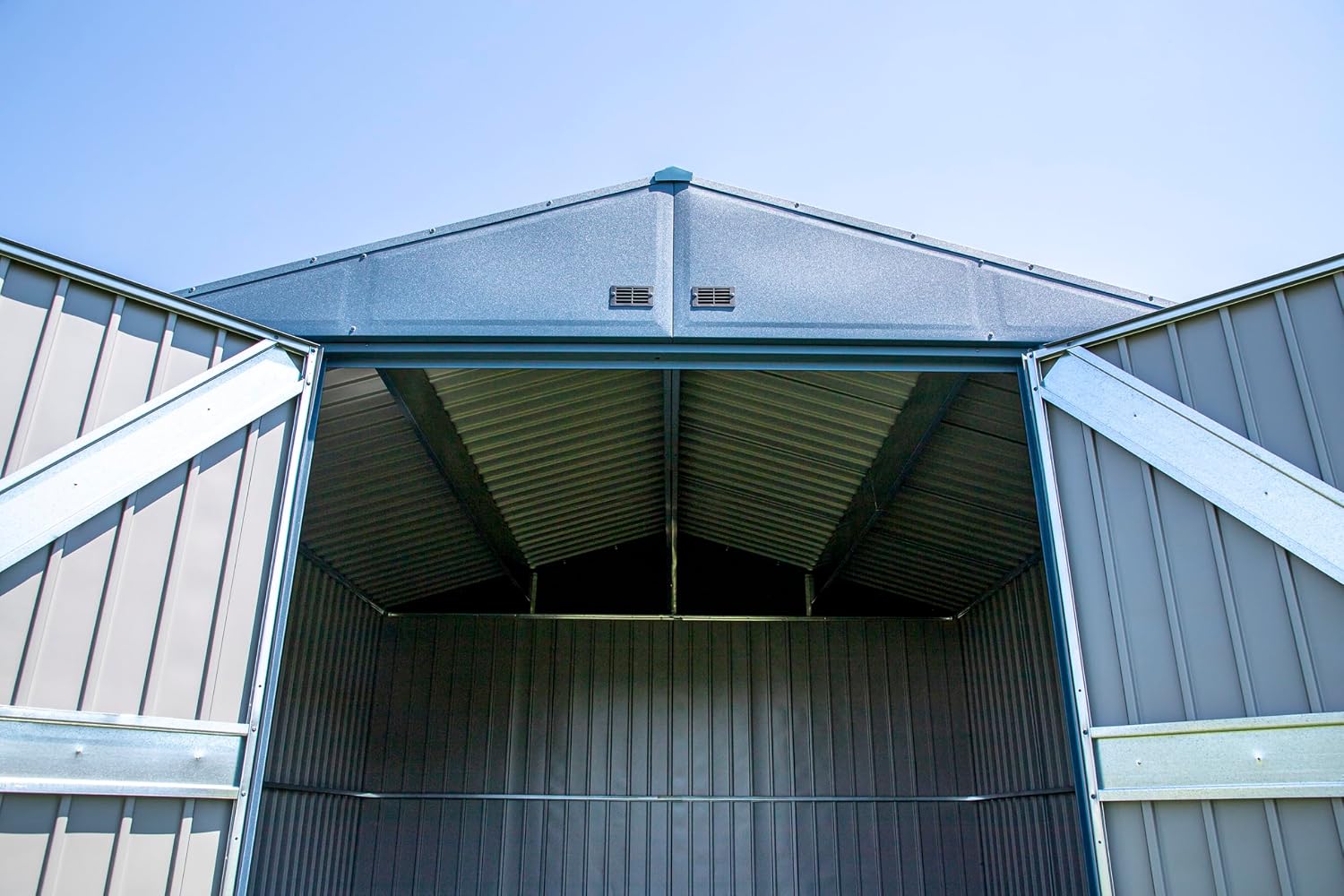Arrow Shed Elite 14' x 14' Tall Outdoor Steel Storage Shed with High Gable and Lockable Doors Storage Building, Blue Grey