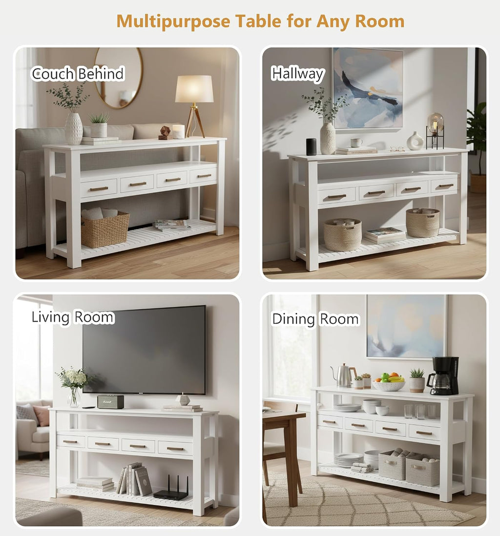 Modern Console Table Long Narrow 62-Inch Sofa Entry Table with Drawers & Open Shelves for Living Room Entryway, Easy Assembly (White)