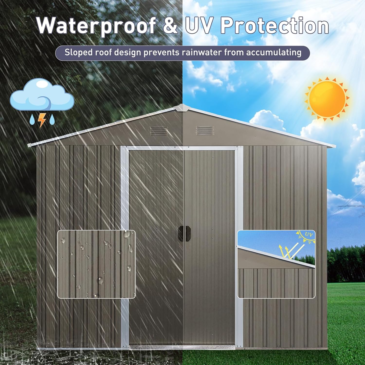 JT 7.5x5.5FT Outdoor Storage Shed with Floor Frame, Metal Garden Shed with Sliding Doors, Waterproof Galvanized Steel Storage House for Backyard Garden, Patio (7.5ftx 5.5ft, Gray with Window)
