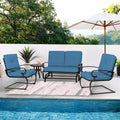 Incbruce Patio Conversation Sets - Outdoor Metal Furniture Set (Peacock Blue, Wrought Iron, 4Pcs Including Glider, Bistro Table, 2 Spring Lounge Chairs)
