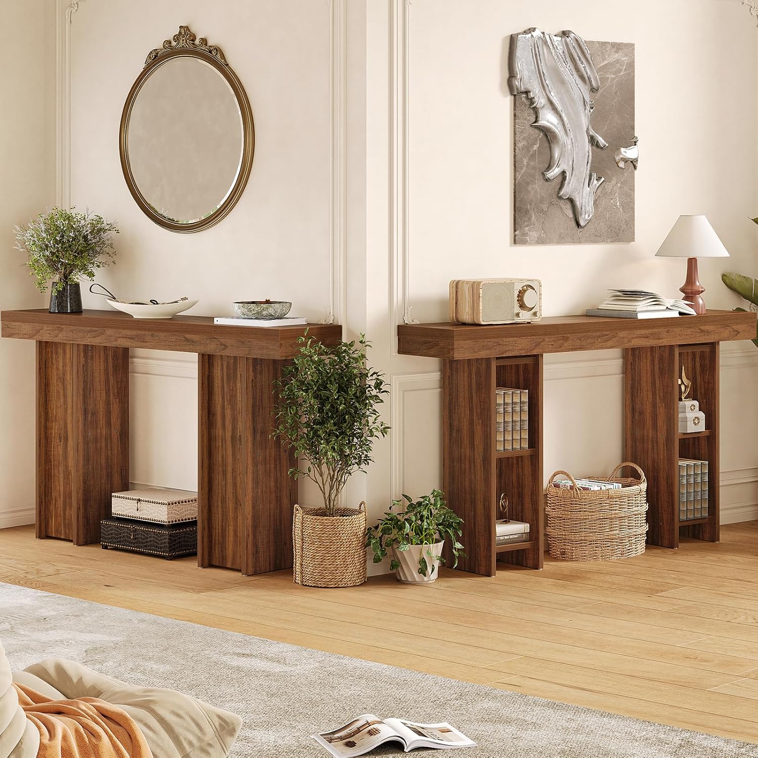 Farmhouse Console Table, 55'' Behind The Couch Table Wooden Entryway Table with Storage Double-Sided Tables for Entryway, Living Room, Hallway