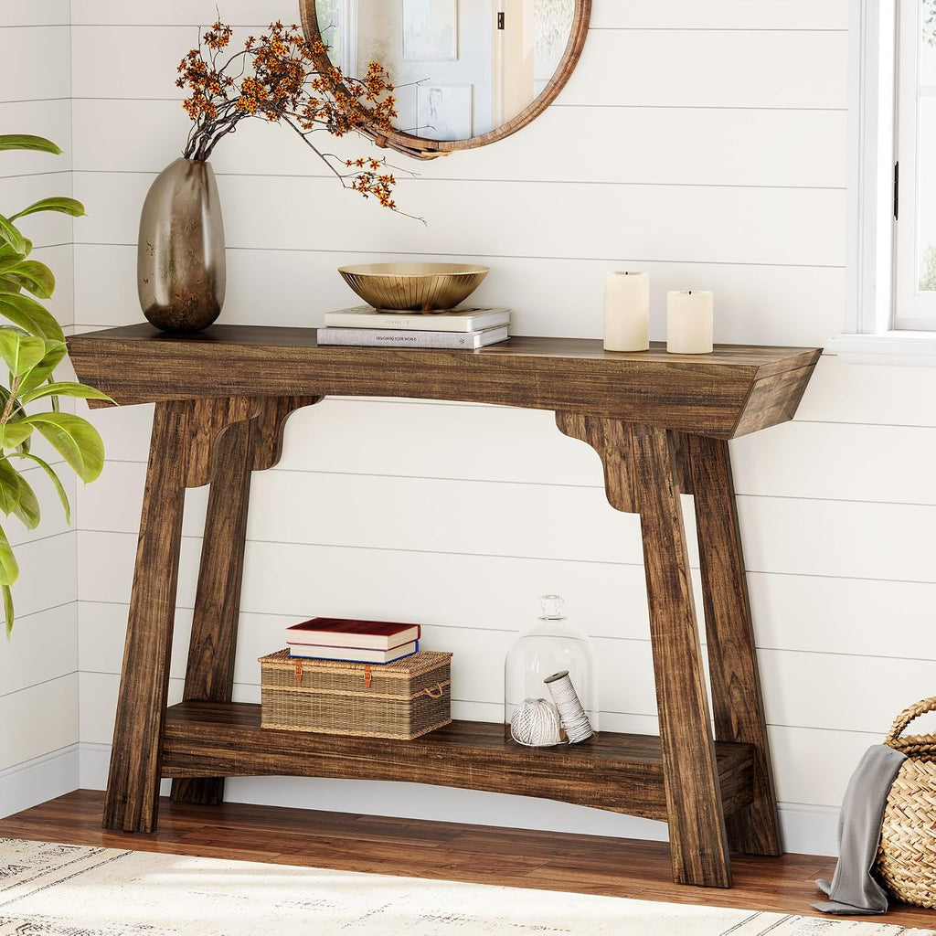 Tribesigns 41.3' Farmhouse Console Table, Small Entryway Table with 2-Tier Storage, Narrow Wooden Sofa Table Behind Couch for Living Room, Foyer, Hallway, Rustic Brown