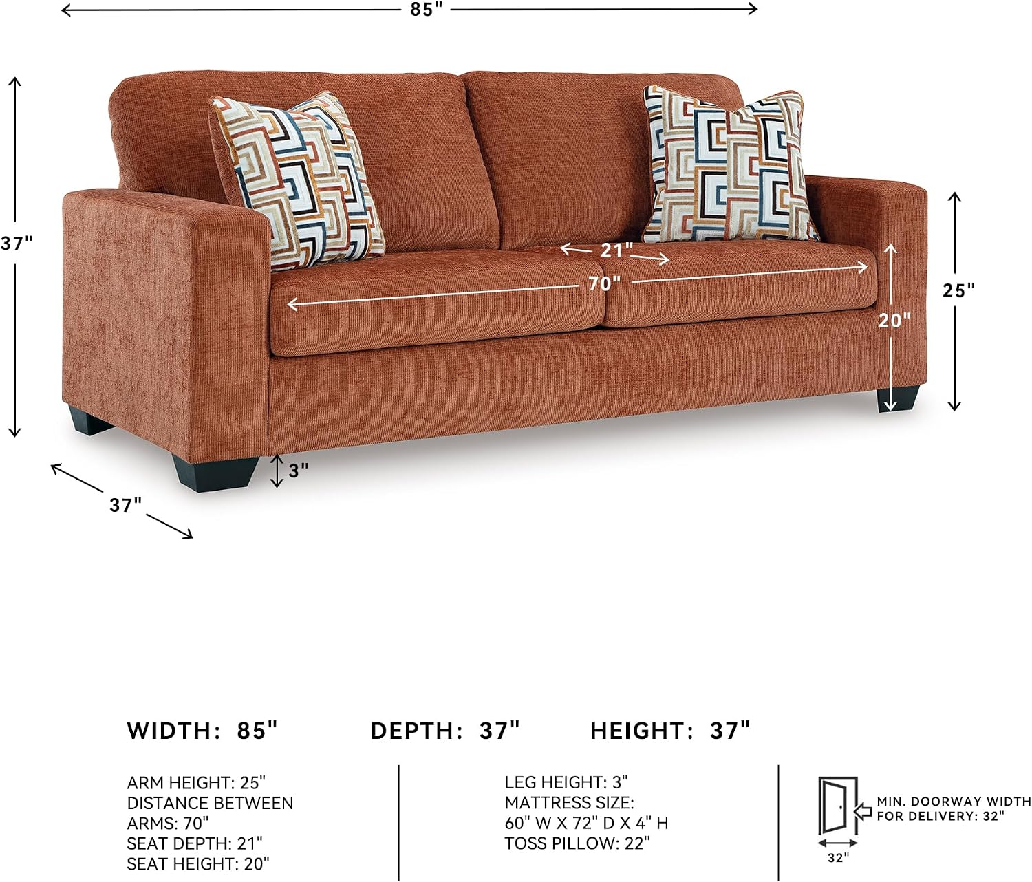 Signature Design by Ashley Aviemore Contemporary Sofa Sleeper with Folding Memory Foam Mattress and 2 Accent Pillows, Queen, Orange