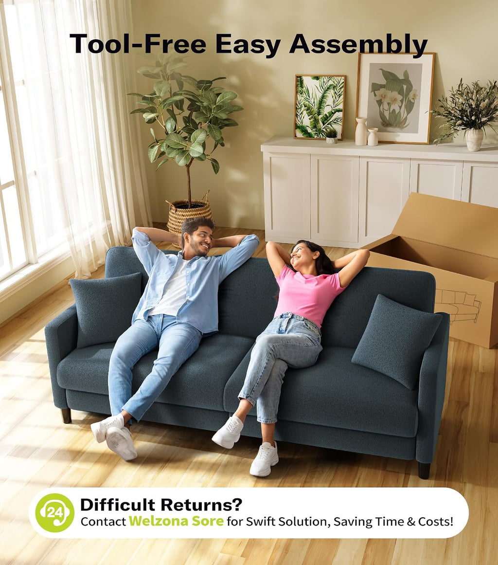 Welzona 83' Couches for Living Room, Teddy Sofa Couch, Comfy Sofas for Living Room, Tool-Free Setup Loveseat Sofa, All-Wood Love Seat Couches, Small Couch 2 Pillows Included, Blue Grey
