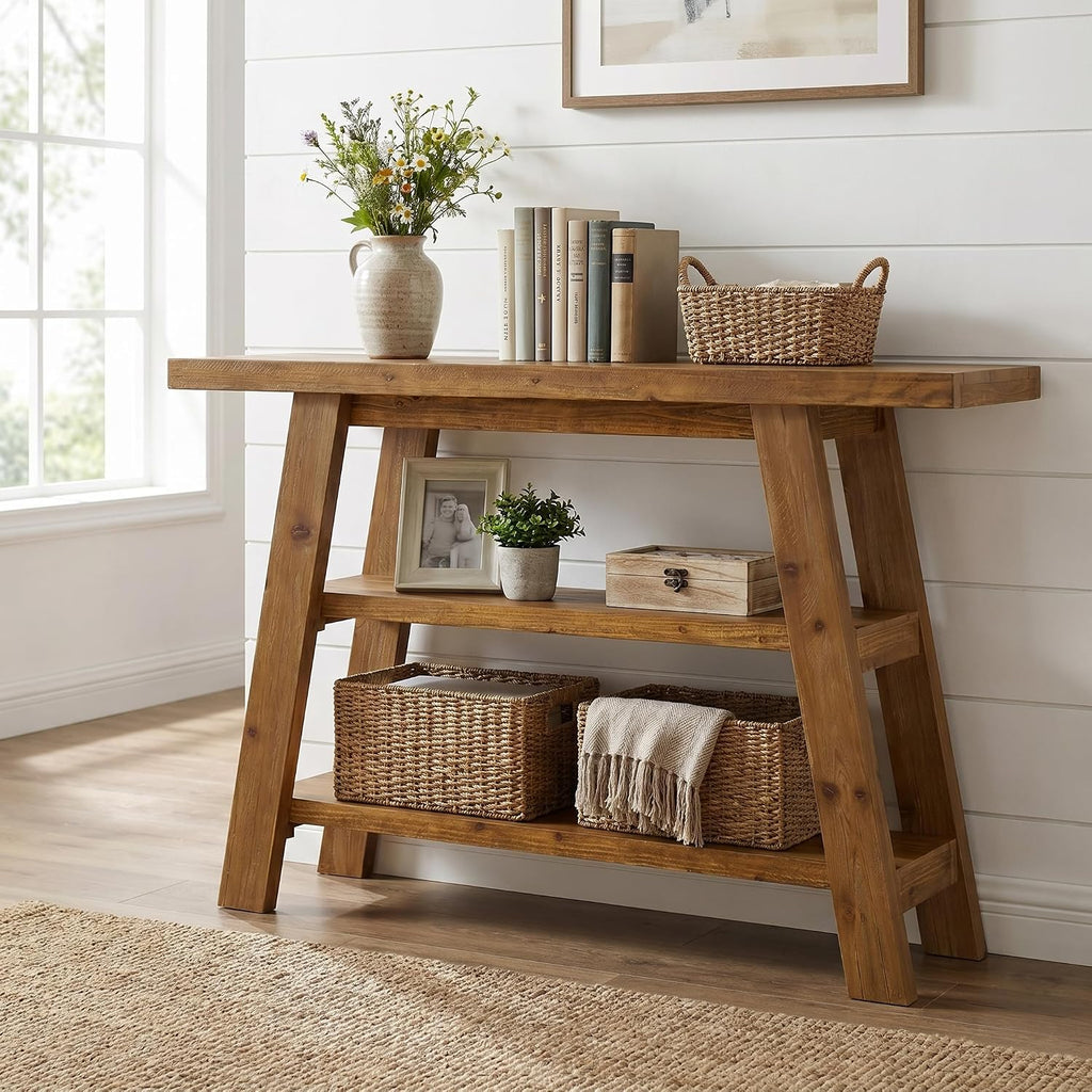 Solid Wood Console Table, 47.24' Farmhouse Narrow Entryway Table with 3-Tier Storage Shelves, Accent Sofa Table for Hallway, Foyer & Living Room (Retro Brown)