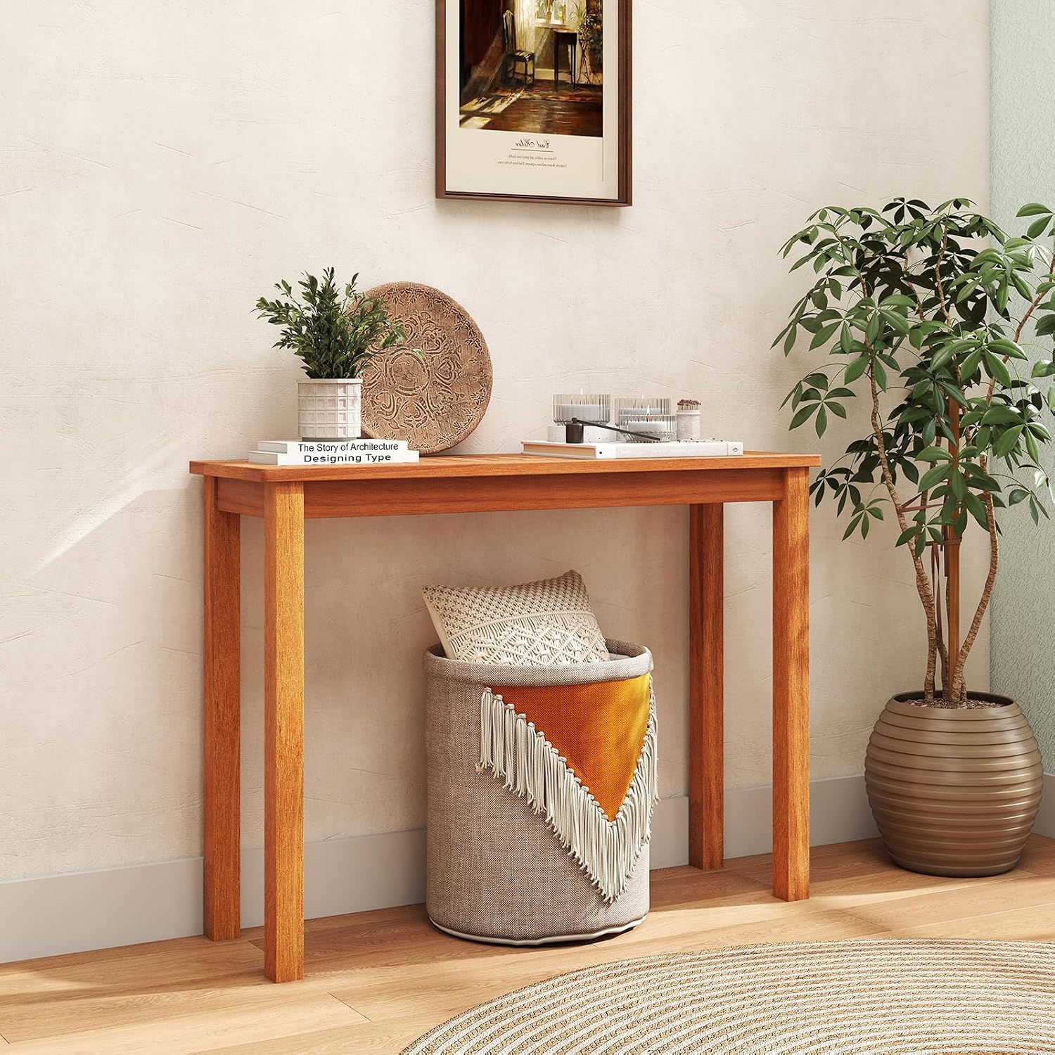 Tangkula Narrow Outdoor Dining Table, Solid Wood Furniture Patio Console Table with Slatted Tabletop, Wooden Buffet Bar Plant Stand for Garden Deck Entryway Porch Balcony