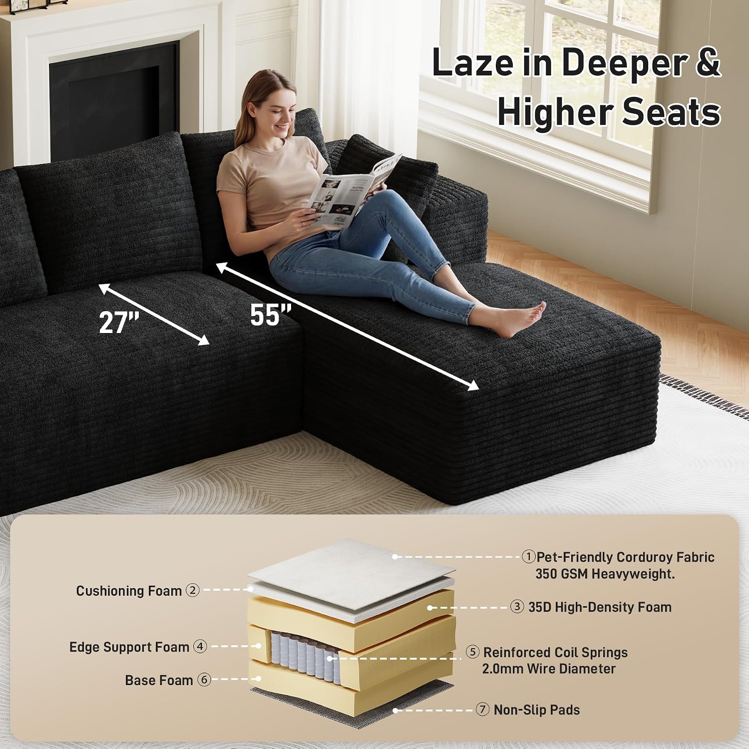 107' L-Shaped Boneless Sectional Couches for Living Room, Comfy Corduroy Fluffy Cloud Couch, Deep Seat Memory Foam Plush Modular Sectional Sofa with Right-Facing Chaise, No Assembly, Black