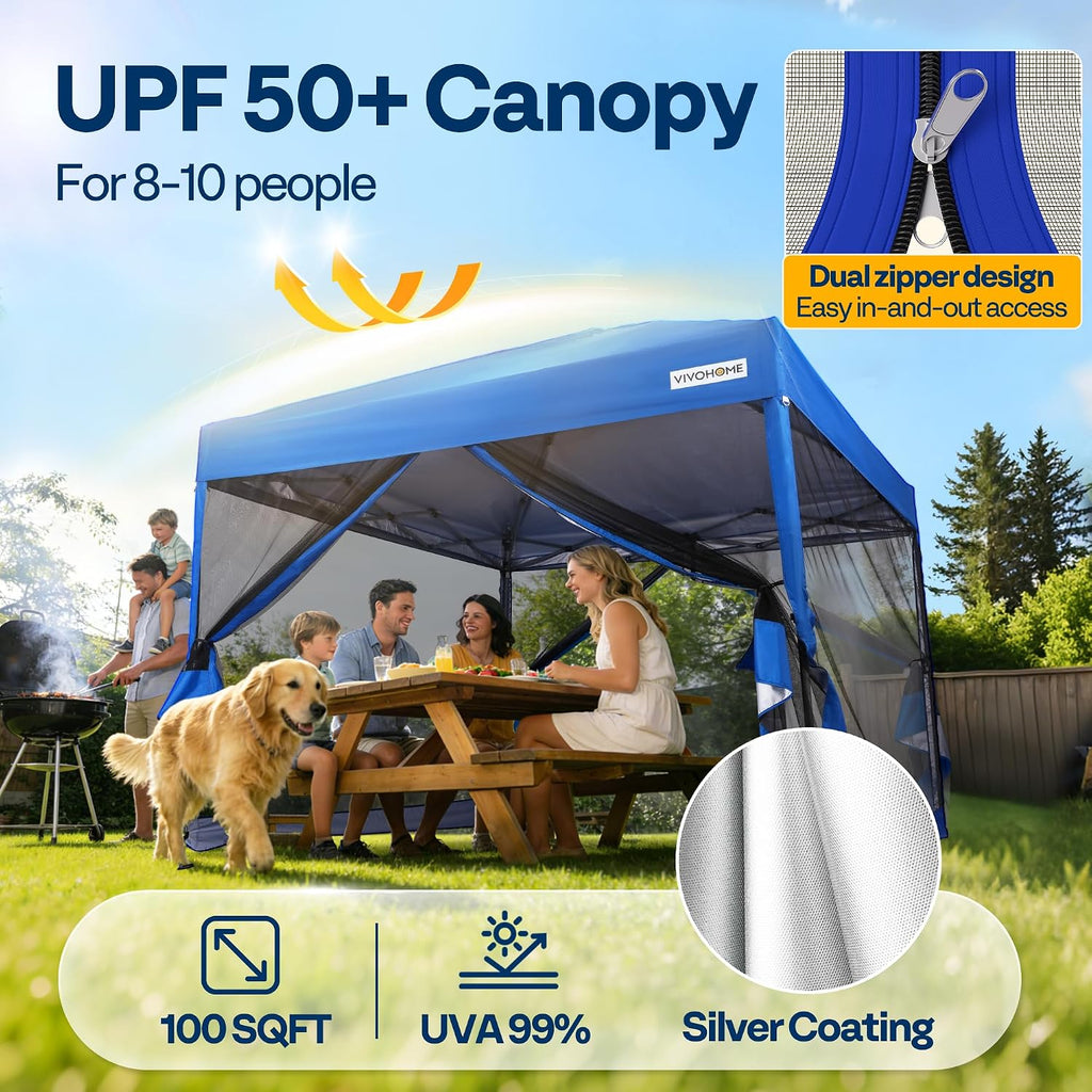 VIVOHOME 10x10ft Easy Pop-Up Canopy, Outdoor Screen Tent with Mosquito Netting, 2 Zipper Doors, and Roller Bag for Yard Camping Picnic Party Events, Blue