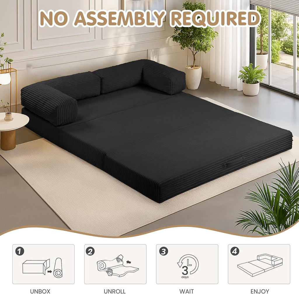 5-in-1 Convertible Sofa Bed,60' Boneless Couch Tri Folding Floor Mattress with Removable L-Shaped Armrests & Handle,Corduroy Futon Couch Sleeper with Pull Out Bed for Living Room Bedroom Apartment