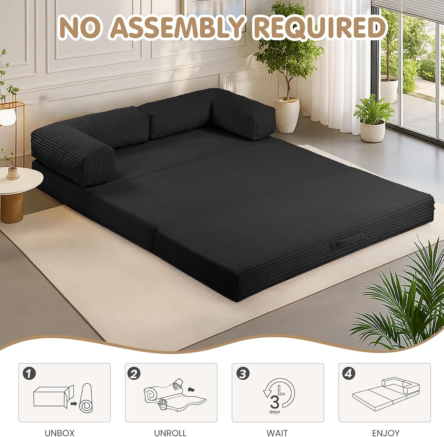 5-in-1 Convertible Sofa Bed,60' Boneless Couch Tri Folding Floor Mattress with Removable L-Shaped Armrests & Handle,Corduroy Futon Couch Sleeper with Pull Out Bed for Living Room Bedroom Apartment