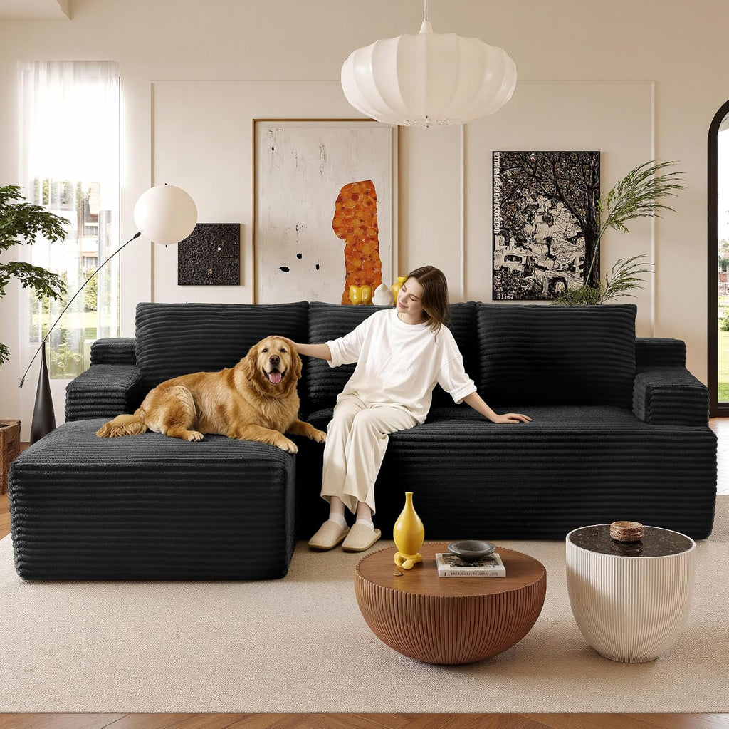 96' Sectional Couches for Living Room Cloud Couch Sofa with L-Shape Upholstered Boneless Couchs Modern Modular Sectional Couch with Chaise (Black, 96' W+Left Facing Chaise+2Seaters)