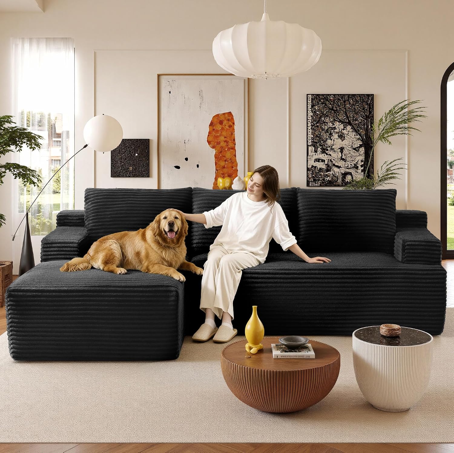 96' Sectional Couches for Living Room Cloud Couch Sofa with L-Shape Upholstered Boneless Couchs Modern Modular Sectional Couch with Chaise (Black, 96' W+Left Facing Chaise+2Seaters)
