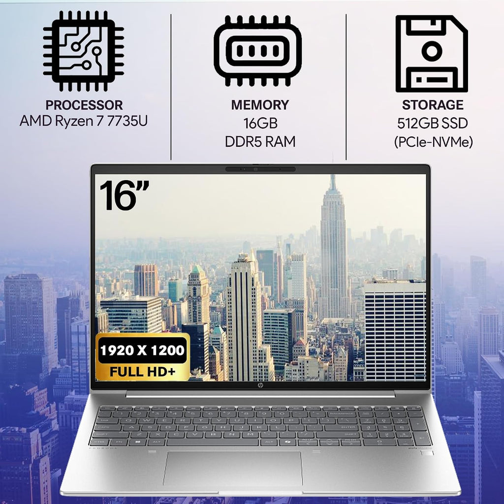 HP ProBook 465 460 G11 Business Laptop 16 FHD+ Display, AMD Ryzen 7 7735U, 16GB DDR5 RAM, 512GB NVMe, Wi-Fi 6E, RJ-45, Webcam, Backlit Keyboard, Win 11 Pro - Pike Silver Aluminum