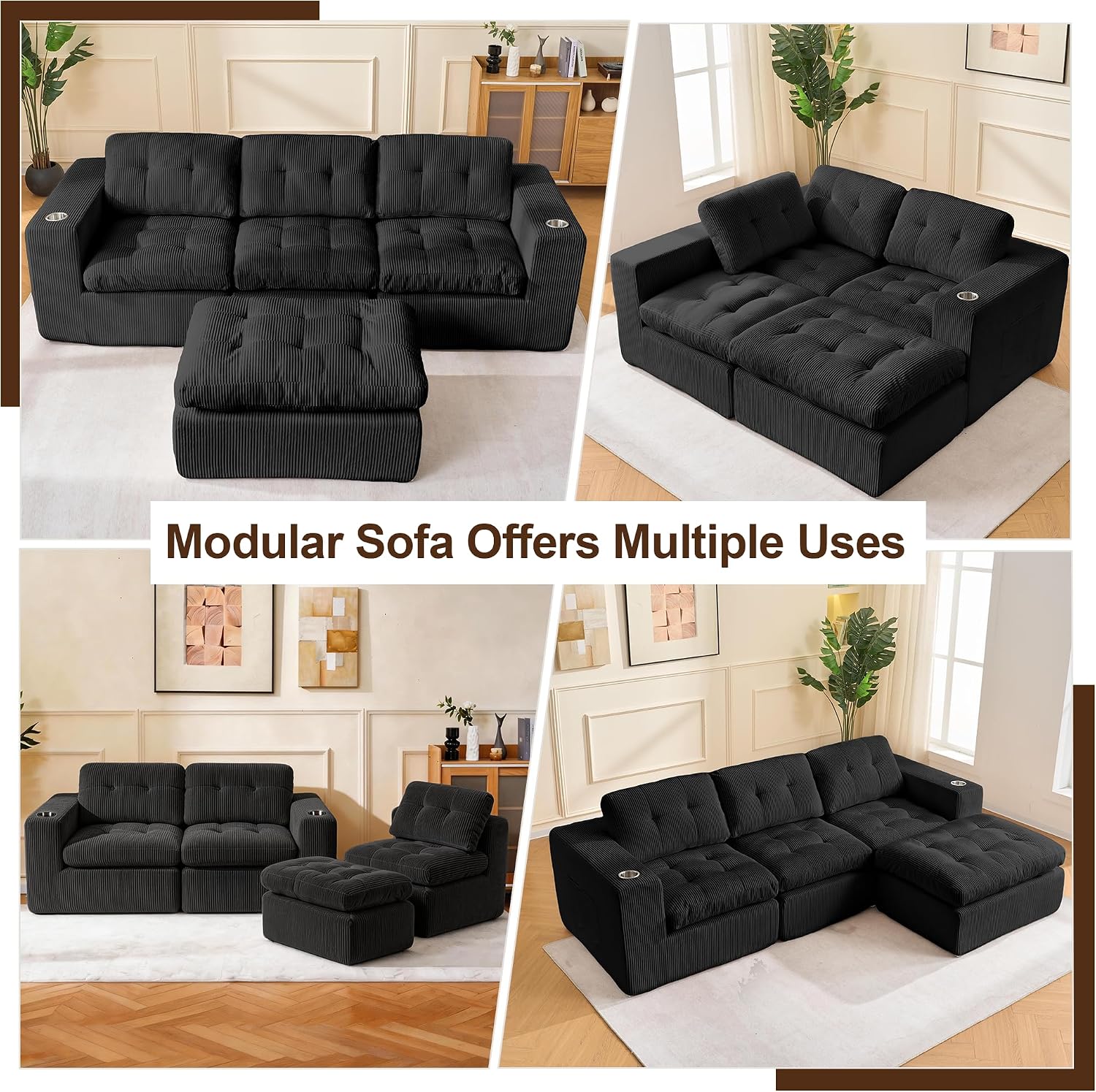 105' Modular Sectional Sofa, Cloud Sectional Couch with Deep Seat, Modern Corduroy Comfy L Shaped Couch with Chaise, Boneless Couches for Living Room Bedroom (Matte Black) | Cloud Sectional, Deep Seat, Corduroy, L Shaped with Chaise, Boneless Design
