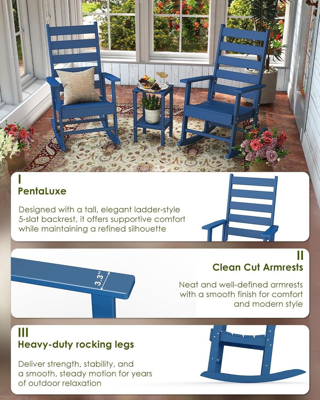 GREENVINES Outdoor-Rocking-Chairs-Set-of-2 | HDPE Plastic | Patio Rockers | Porch Rocker Chair | Shaker | Oversized | High Ladder Back | Big & Tall | PentaLuxe | Blue