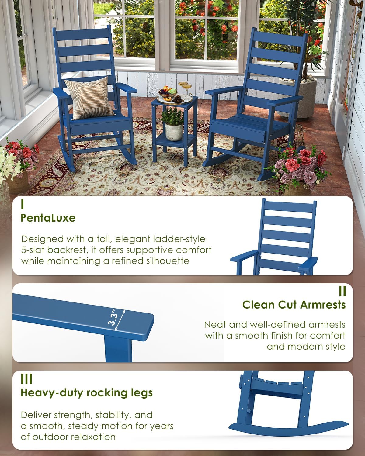 GREENVINES Outdoor-Rocking-Chairs-Set-of-2 | HDPE Plastic | Patio Rockers | Porch Rocker Chair | Shaker | Oversized | High Ladder Back | Big & Tall | PentaLuxe | Blue