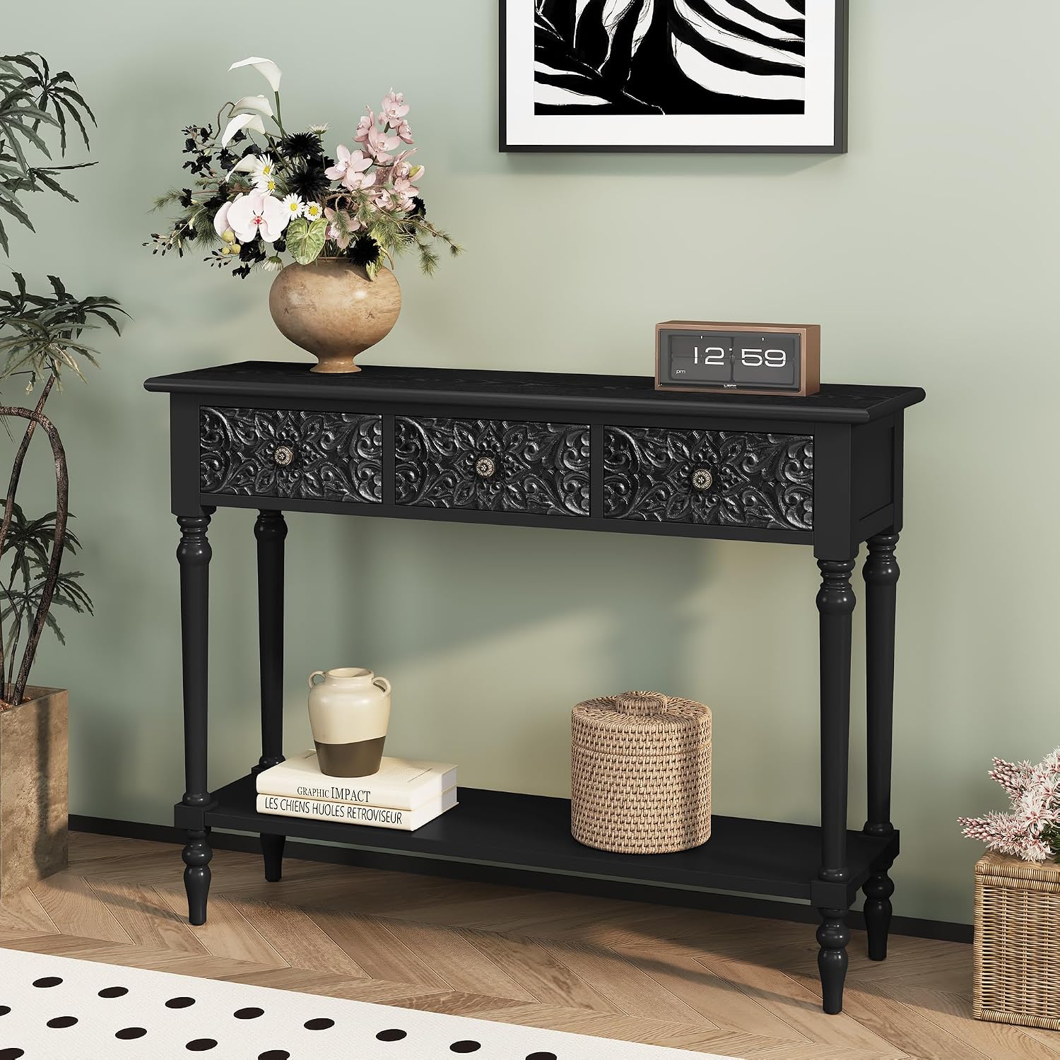 3More Entryway Console Table with 3 Drawers,42' Carved Hallway Table with Open Shelf,Long Sofa Table for Living Room, Hallway, Behind Couch,Black