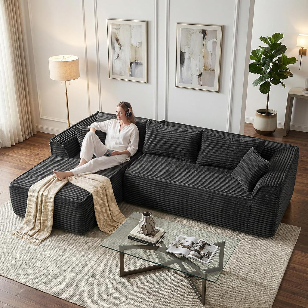 Vesgantti 106' Boneless Couch with Chaise, Deep Seat Comfy Cloud Modular Sofa Corduroy Memory Foam Sectional Couches for Living Room Bedroom, No Assembly Required (Grey, Left-Facing Chaise)
