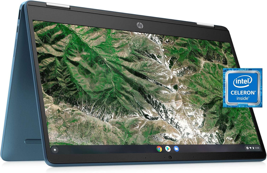 HP Laptop X360 14a Chromebook 14' HD Touchscreen, Entertaining from Any Angle Intel Celeron, 4GB DDR4 64GB eMMC WiFi Webcam Stereo Speakers Bluetooth 4.2 Chrome Blue Metallic Color