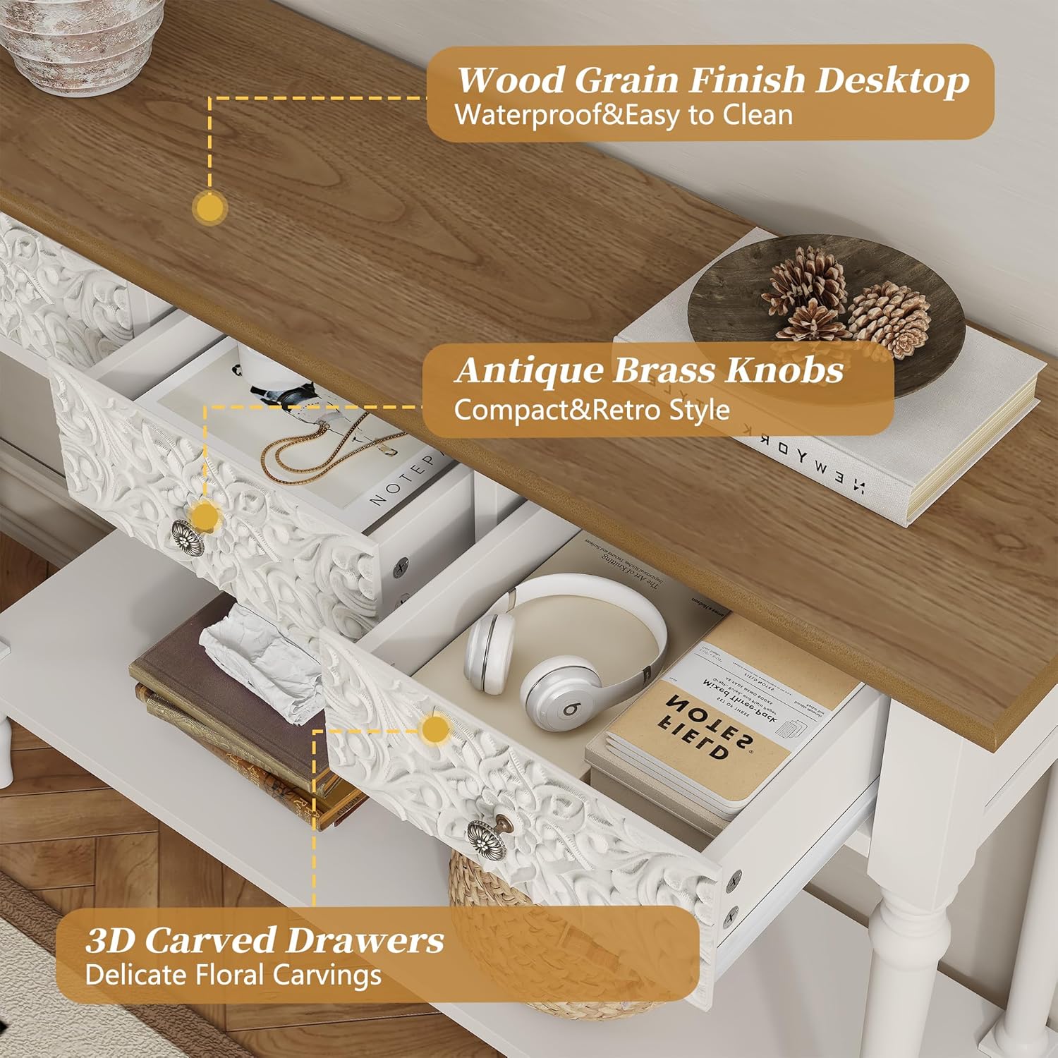 3More Entryway Console Table with 3 Drawers,42' Carved Hallway Table with Open Shelf,Long Sofa Table for Living Room, Hallway, Behind Couch,White