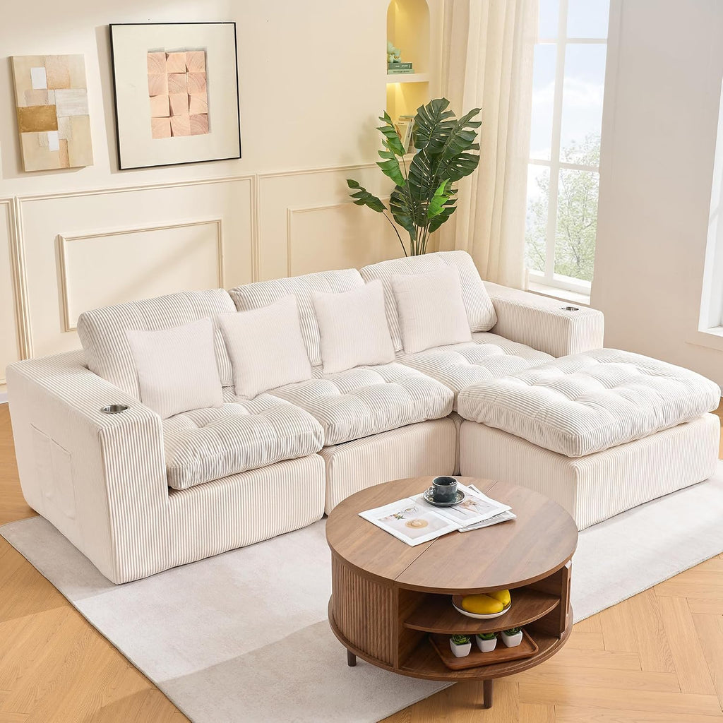 Modular Cloud 3 Seater Boneless L-Shaped Sectional Sofa, Comfy Modern Design with Ergonomic Support & Free Combination for Living Room/Bedroom/Apartment (Light Beige)