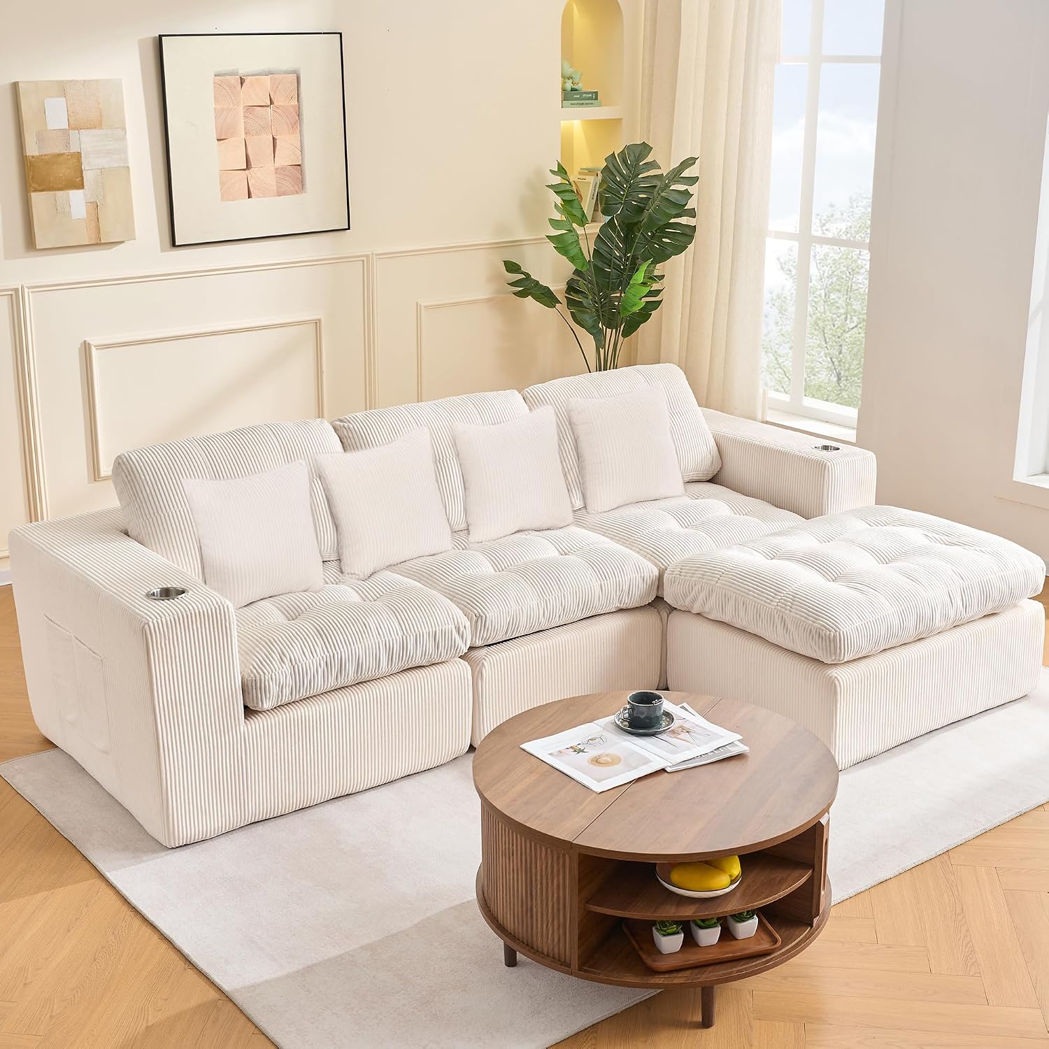 Modular Cloud 3 Seater Boneless L-Shaped Sectional Sofa, Comfy Modern Design with Ergonomic Support & Free Combination for Living Room/Bedroom/Apartment (Light Beige)