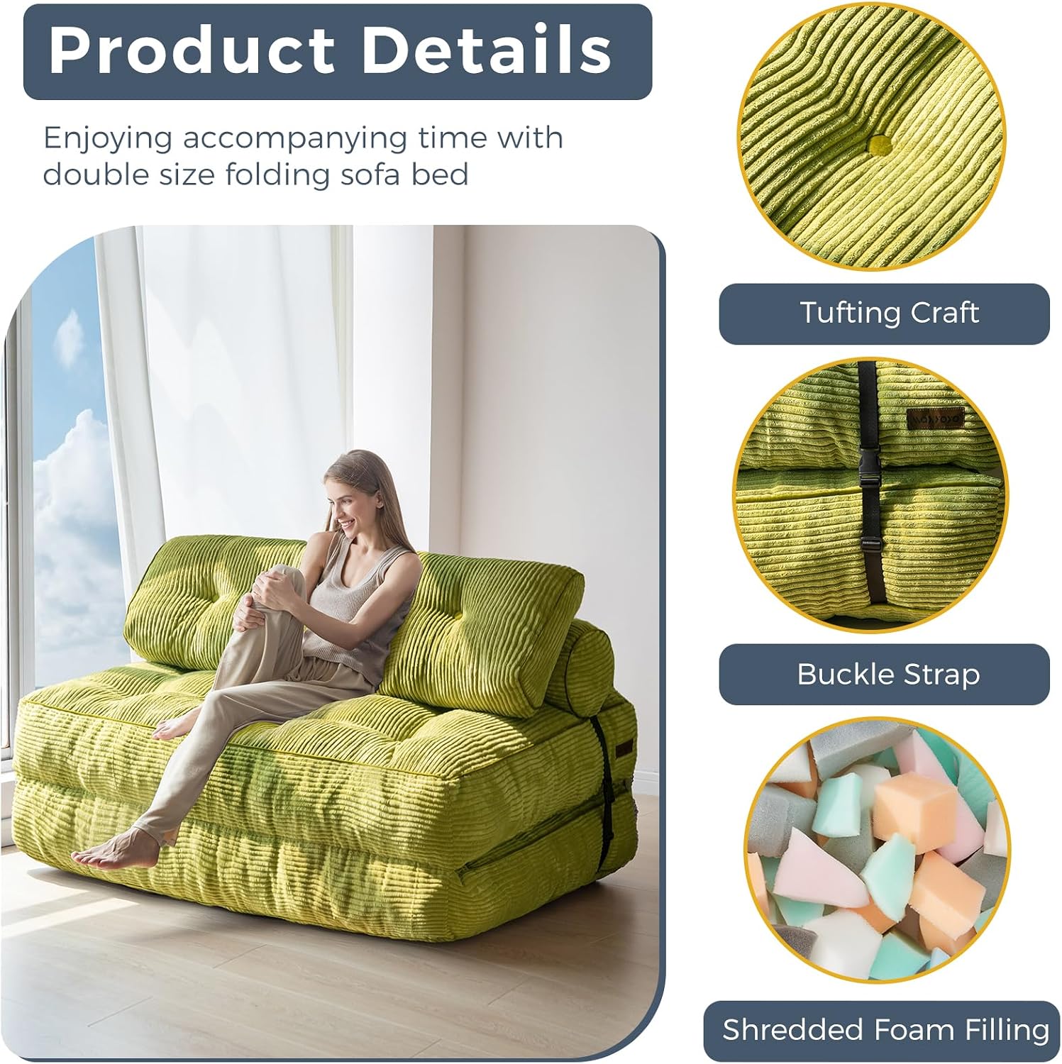 MAXYOYO Folding Sofa Bed, Convertible Sleeper Chair with Pilow Foldable Mattress with Back Support, Portable Fold Out Chair Bed for Living Room Bedroom, Green Double