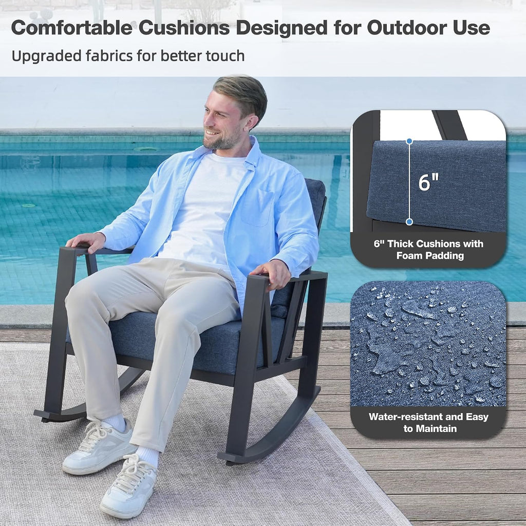 Outdoor Patio Rocking Chairs Set of 2, 3 Pieces Patio Porch Furniture Set with 6' Thick Cushions, Outdoor Bistro Set with Coffee Table,Blue