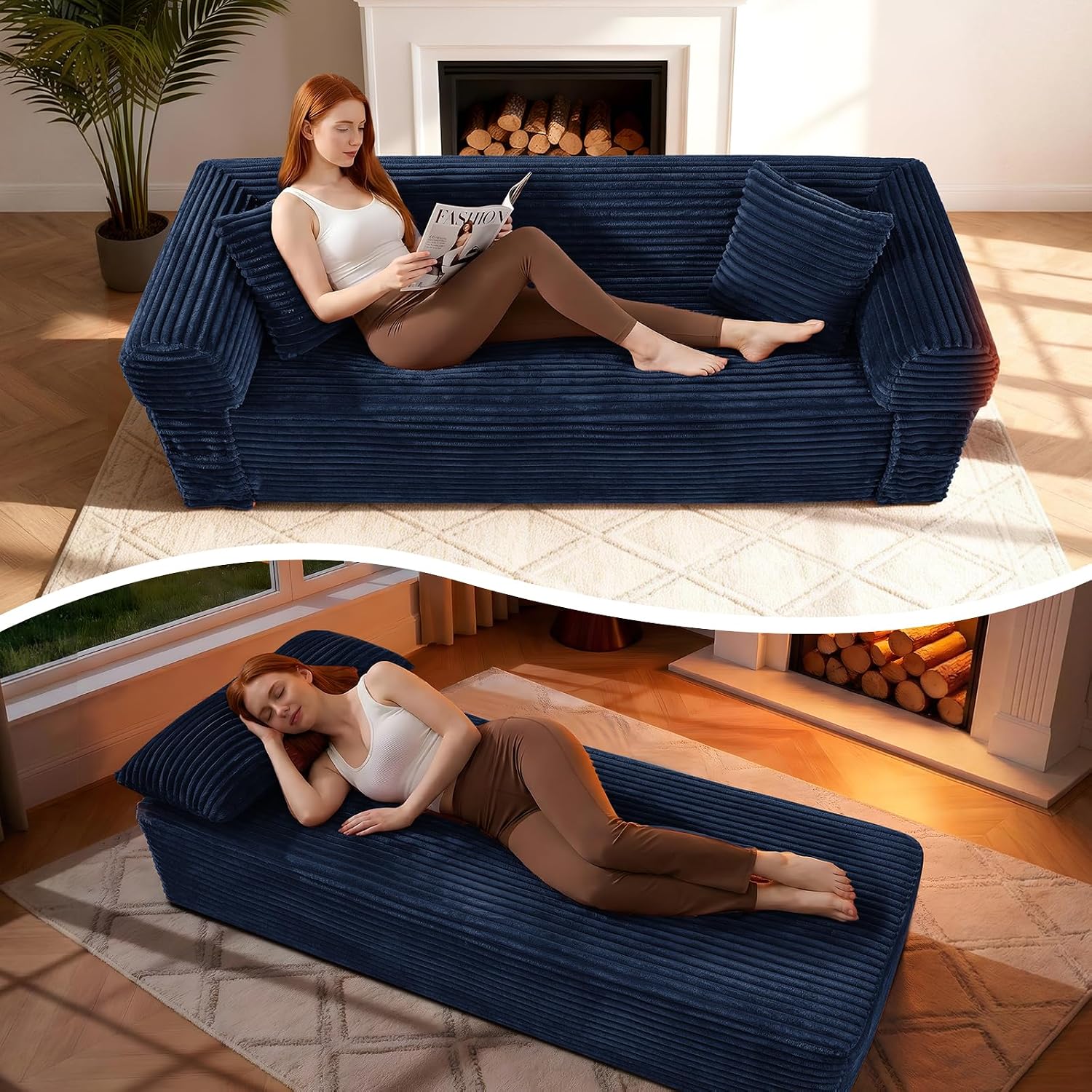 3 Seater Sofa Couch for Living Room (Blue, 30' D + 2 Pillows +Fixed-Shape Frame)