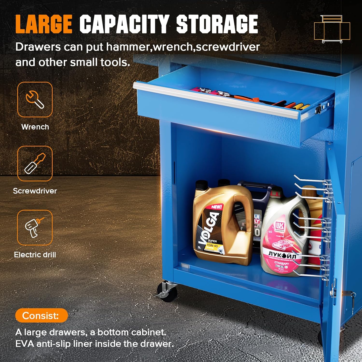 Crownland 5-Drawer Rolling Tool Chest with Wheels, Lockable 2 in 1 Detachable Tool Cabinet wit Drawers and Black Liners, Garage Top Toolbox & Bottom Storage Cart with Side Hooks(Blue)