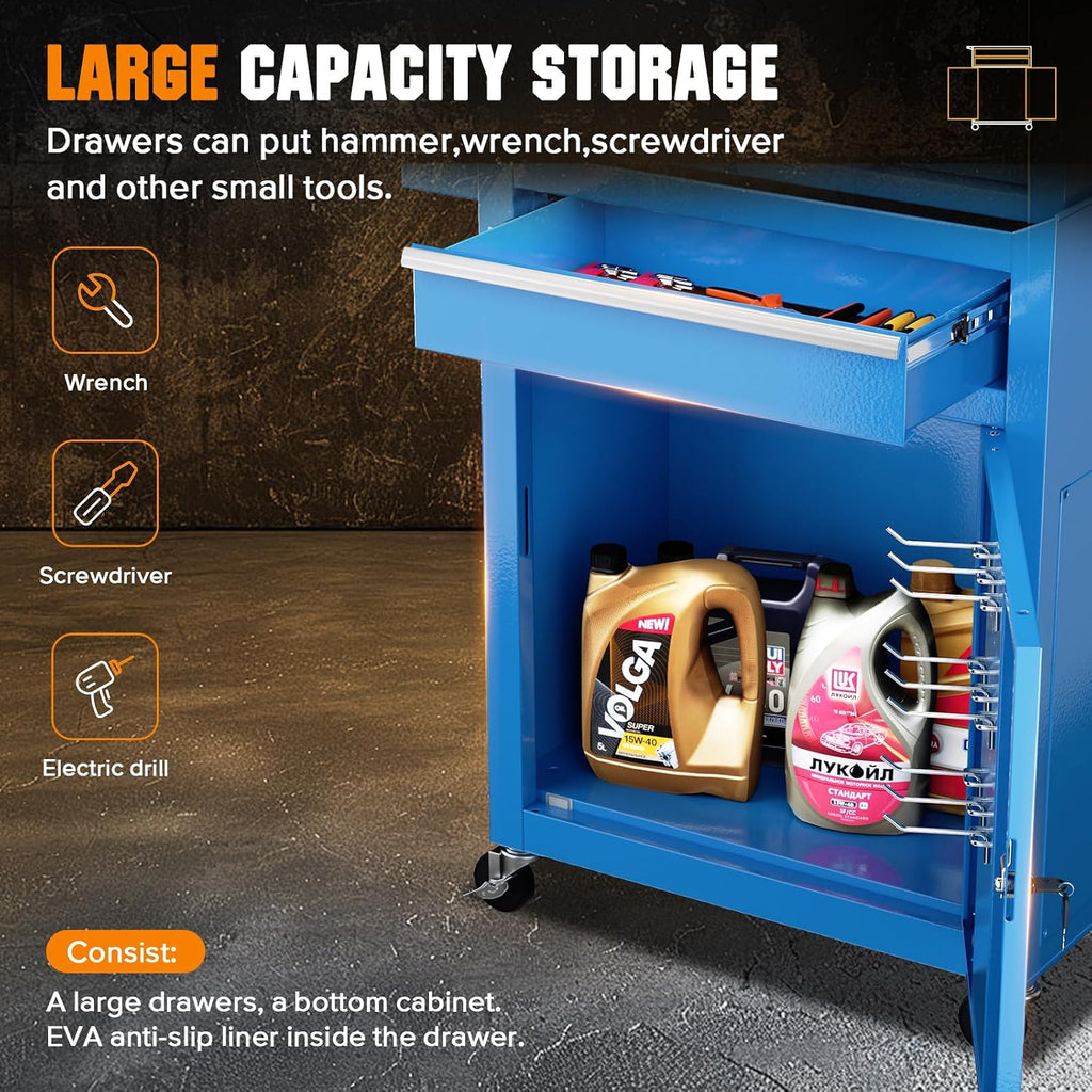 Oakcloud Heavy-Duty 5-Drawer Rolling Tool Chest & Cabinet Combo with Black Liner – Lockable Steel Garage Tool Box on Wheels – Detachable Top Toolbox & Bottom Storage Cart with Side Hooks
