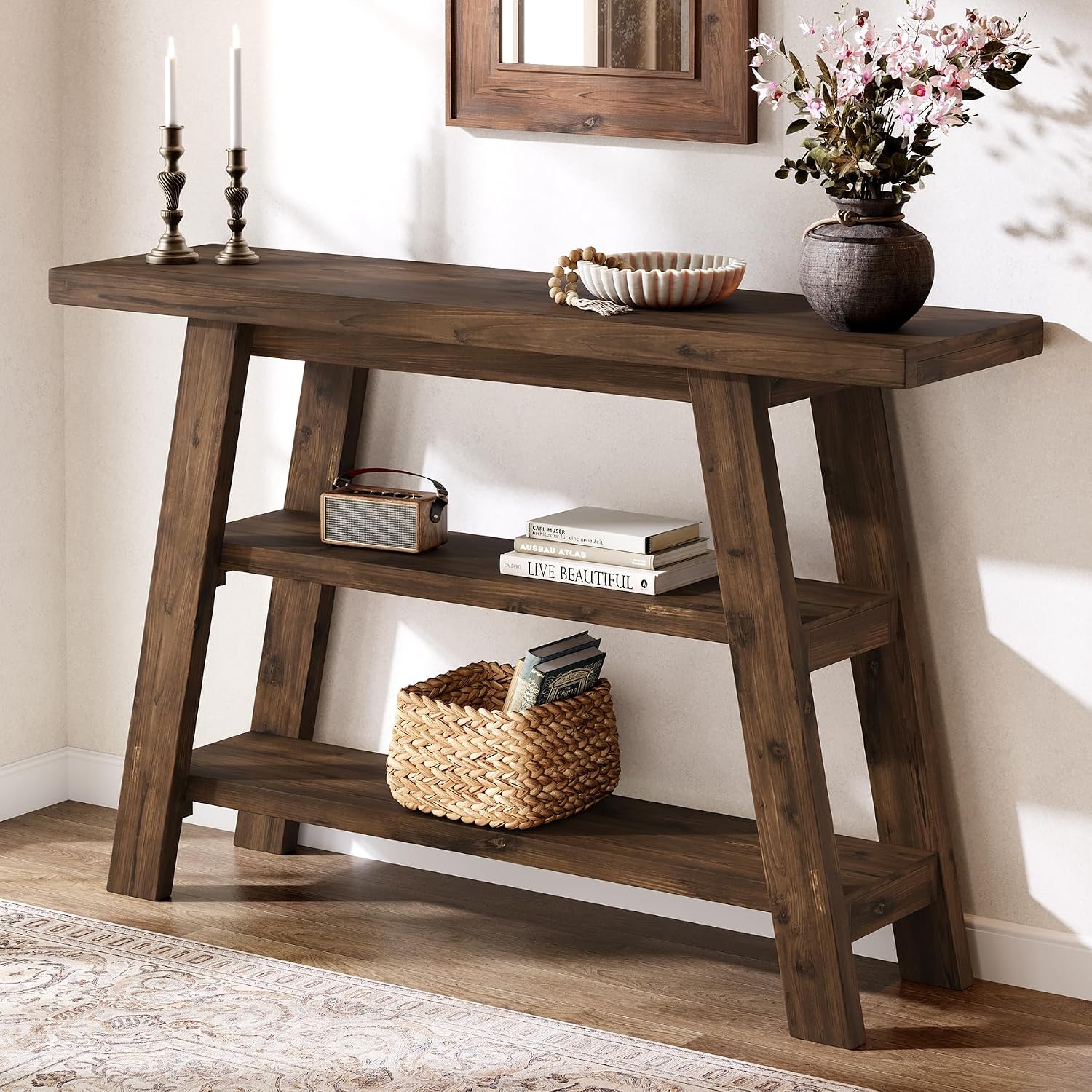 Solid Wood Console Table, 47.24' Long Farmhouse Entryway Table with 3-Tier Shelves, Rectangular Couch Tables Behind Sofa, Narrow Accent Tables for Hallway, Entrance, Foyer, Living Room (Dark Brown)