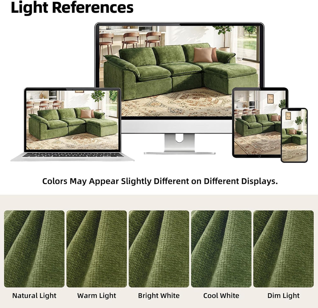 HALLYBEE 112' Cloud Couch Sectional with Padded Armrests & Moveable Ottoman Boneless Sectional Couches for Living Room Green Couch, No Assembly Required