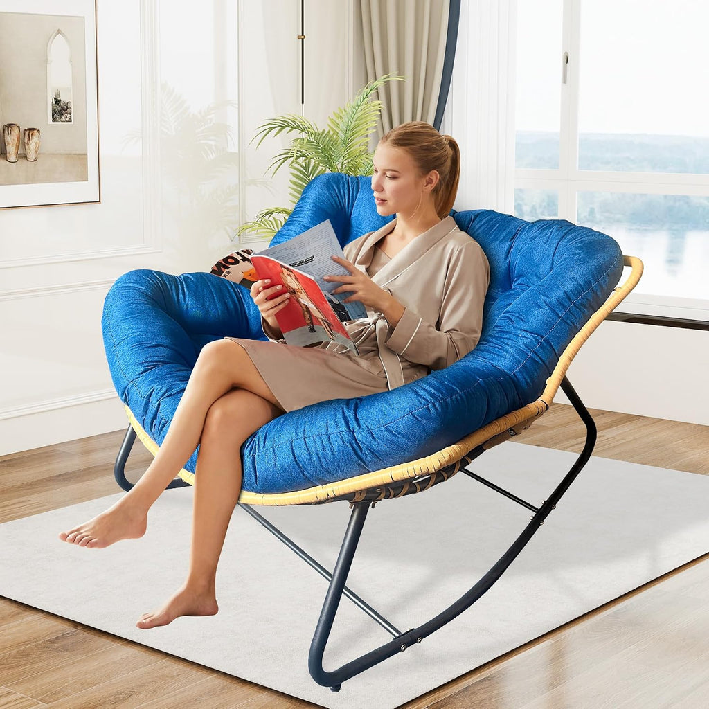 Outdoor Rocking Chair, Patio Egg Rocking Chair, Indoor Papasan Chair, Rattan Wicker Lounge Chair, Modern Royal Chair for Bedroom, Living Room, Porch, Garden,Lawn (41.3' Dark Blue)