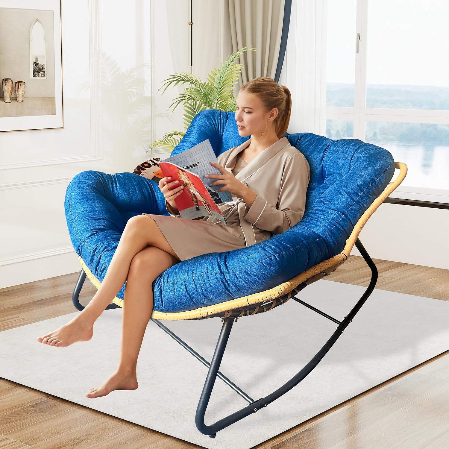 Outdoor Rocking Chair, Patio Egg Rocking Chair, Indoor Papasan Chair, Rattan Wicker Lounge Chair, Modern Royal Chair for Bedroom, Living Room, Porch, Garden,Lawn (41.3' Dark Blue)