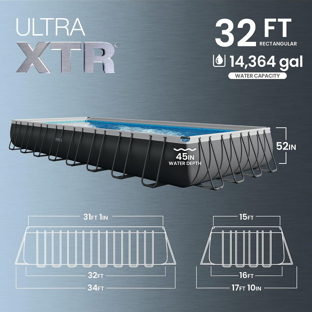 Intex Ultra XTR Heavy Duty Rectangular Above Ground Swimming Pool with Complete Set of Maintenance Kit, Ladder, and Sand Filter Pump, Gray