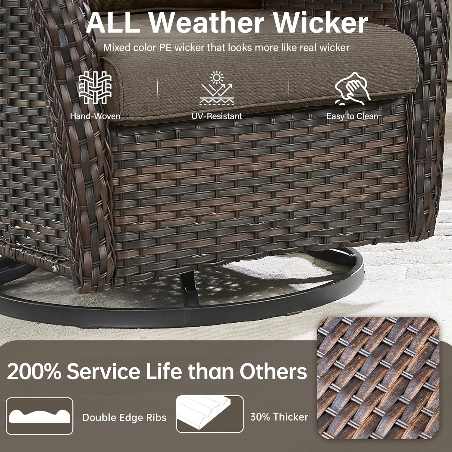 Outdoor Swivel Rocker Patio Chairs with 5' Thick Cushion - 3 Piece Wicker Bistro Set with Side Table, High Back Comfty Outdoor Glider Chairs for Balcony, Porch, Deck, Poolside - Brown-Gray