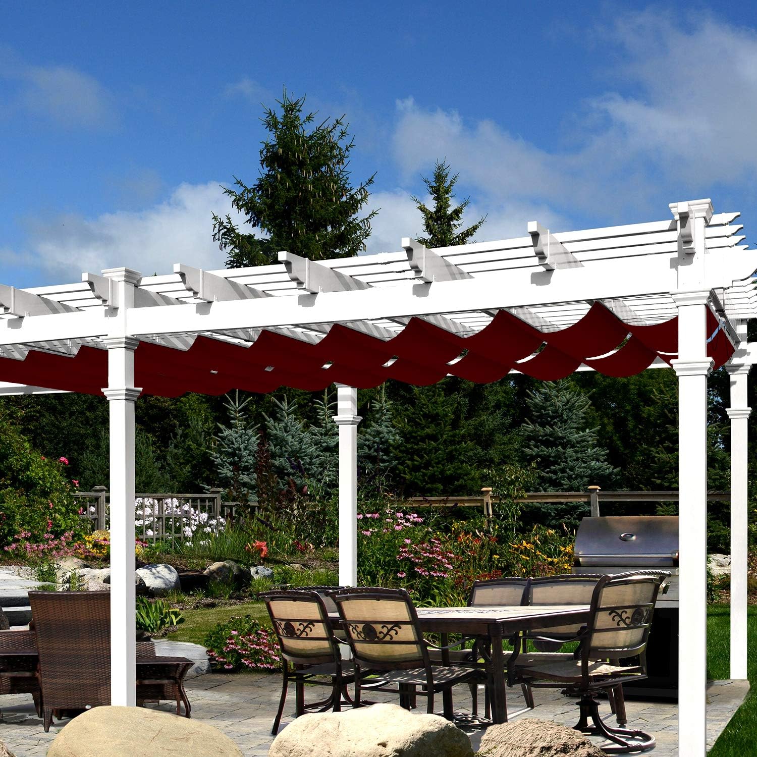 TANG 3' x 16' Waterproof Pergola Shade Cover Retractable Sun Shades Outdoor Patio Pergolas Canopy Replacement Pergola Kit, Wave Shade Sail with Hardware Wire Cable, Red