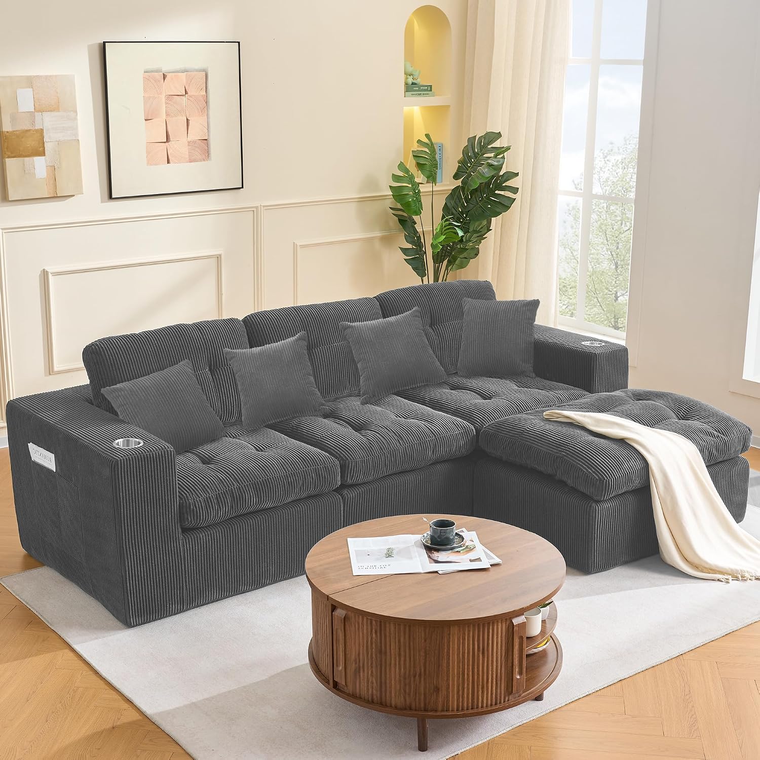 Modular Cloud 3 Seater Boneless L-Shaped Sectional Sofa, Comfy Modern Design with Ergonomic Support & Free Combination for Living Room/Bedroom/Apartment (Dark Gray)