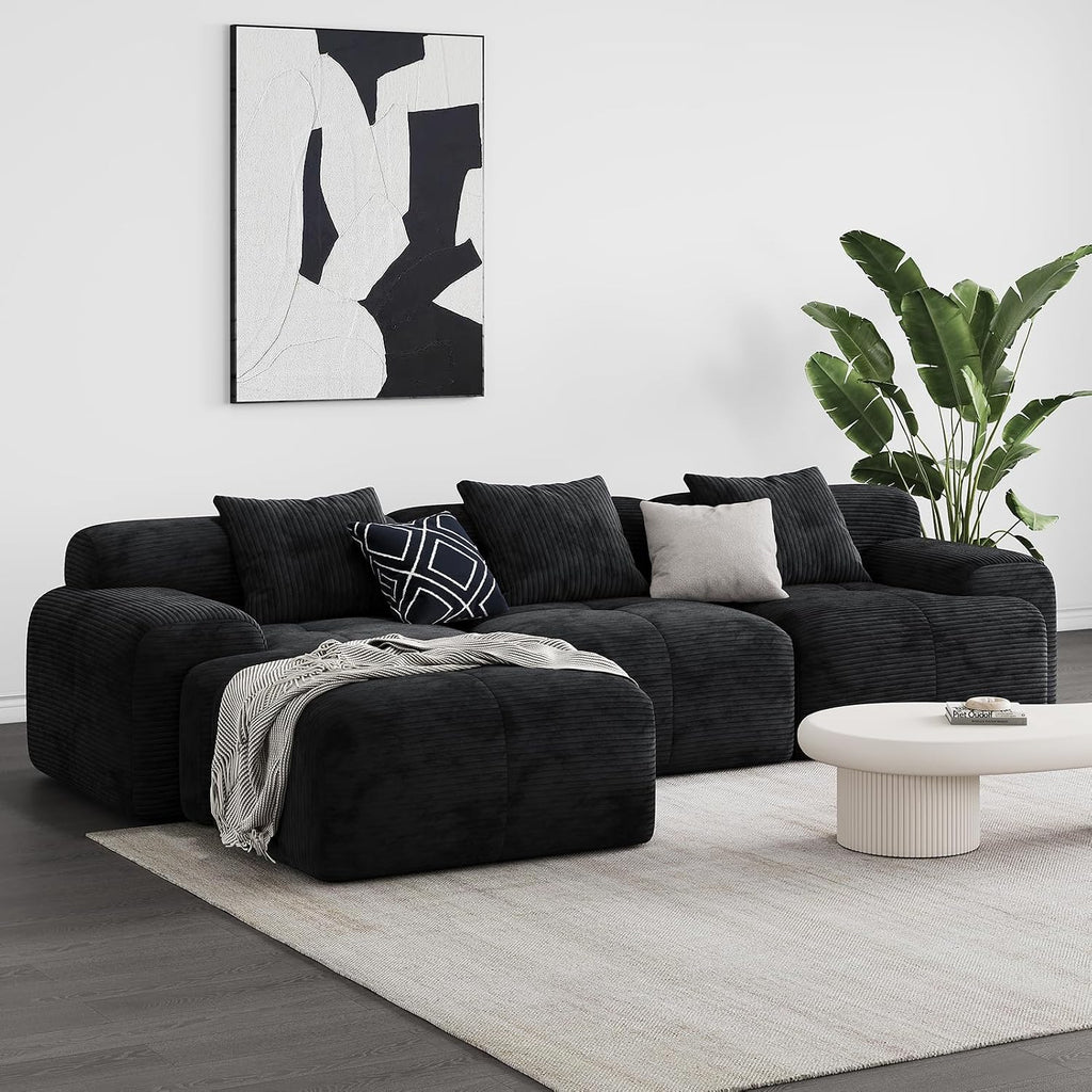 Modern L-Shaped Modular Sectional Sofa for Living Room，Oversized 3-Seater Couch with Deep Seat and Movable Ottoman – No Assembly,Comfortable Corduroy Fabric Boneless Sofa(Dark Gray) (Black)
