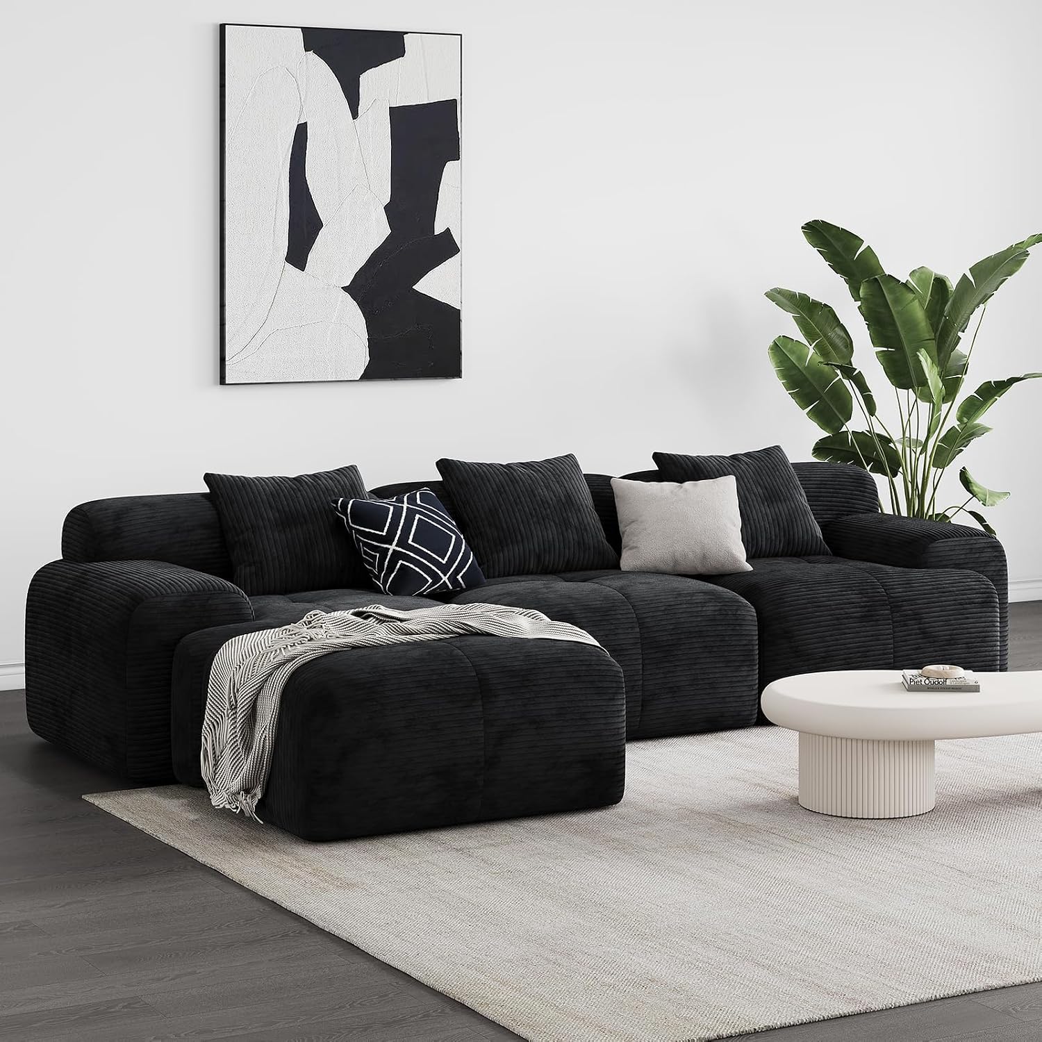 Modern L-Shaped Modular Sectional Sofa for Living Room，Oversized 3-Seater Couch with Deep Seat and Movable Ottoman – No Assembly,Comfortable Corduroy Fabric Boneless Sofa(Dark Gray) (Black)