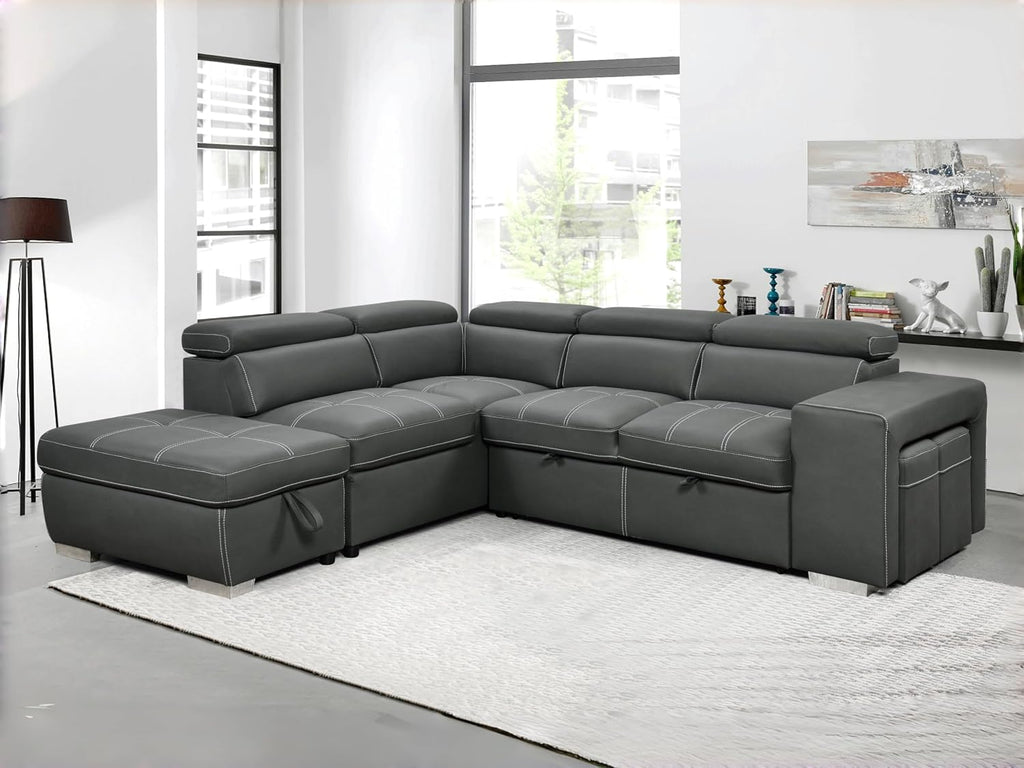 THSUPER 104'' Microfiber L Shaped Sectional Sleeper Sofa Couch with Pull Out Bed and Storage Ottoman, Convertible Couches with Adjustable Headrest for Living Room, Left Facing Chaise. Charcoal Grey