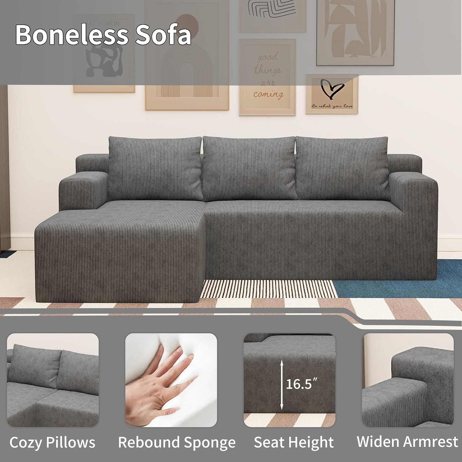 87' Modular Sectional Sofa, Cloud Sectional Couch with Deep Seat, Modern Modular L-Shape Sofa with Chaise, Cozy Boneless Couches for Living Room, Small Spaces, No Assembly Required