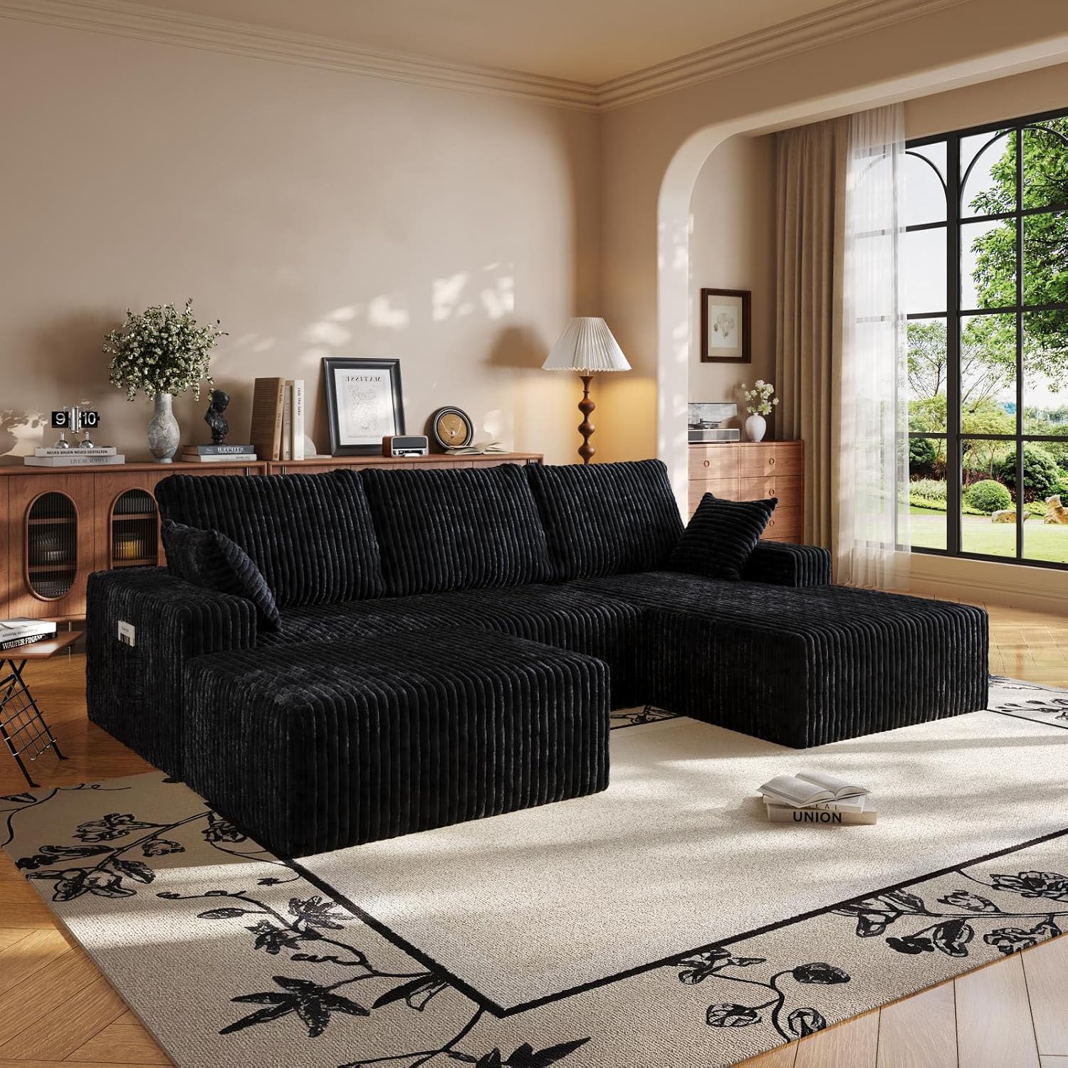 108' U-Shape Modular Sectional Cloud Couch with Ottoman, Deep Seat Boneless Couch with Oversized Chaise Lounge, Comfy Flannel Fabric Sofa for for Living Room Bedroom Apartment Game Room Basement