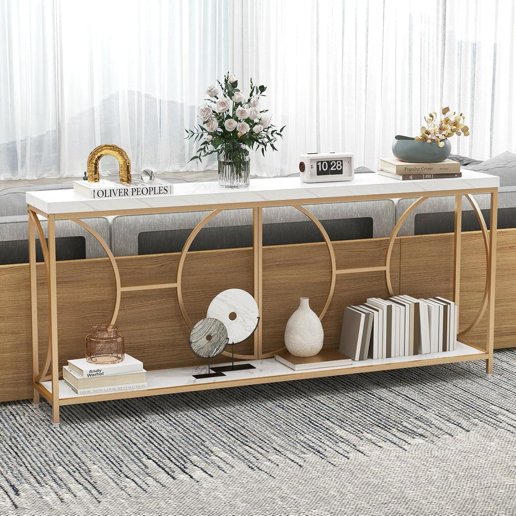 Giantex 71' Console Table, 2-Tier Extra-Long Gold Entryway Table w/Storage Shelf, Faux Marble Top, Narrow Sofa Table with Geometric Frame, Behind Couch Entry Table for Living Room, Hallway, Foyer