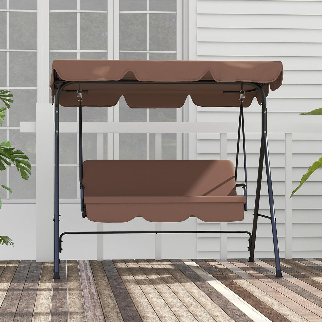 Outsunny 3-Seat Outdoor Patio Swing Chair with Removable Cushion, Steel Frame Stand and Adjustable Tilt Canopy for Patio, Garden, Poolside, Balcony, Backyard, Brown