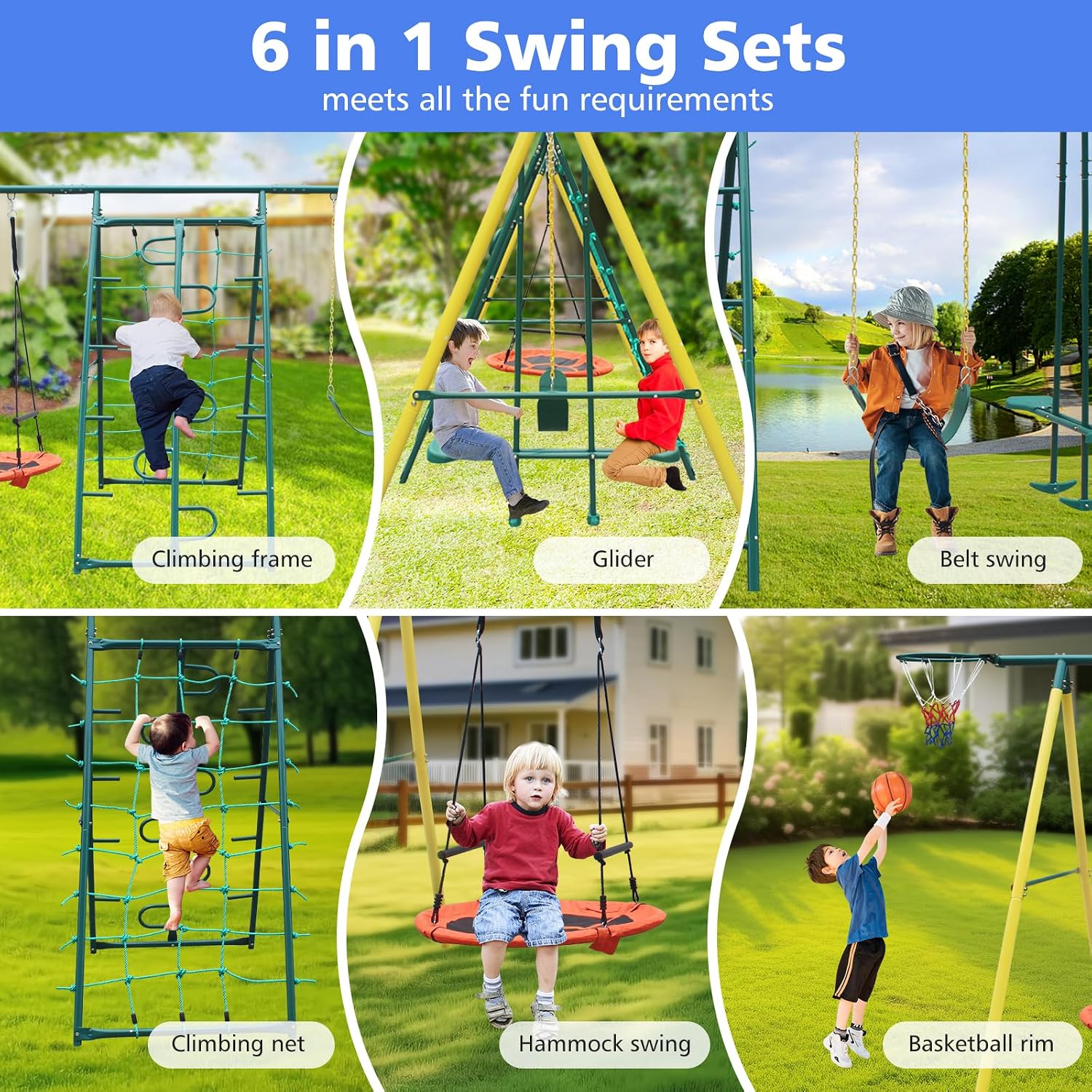 Metal Swing Sets for Kids Backyard, 6-in-1 Heavy Duty Metal Swingset with Climbing Frame, Net, Glider, Hammock Swing, Belt Swing & Basketball Rim, 700LB A-Frame Outdoor Playground for Ages 3-12