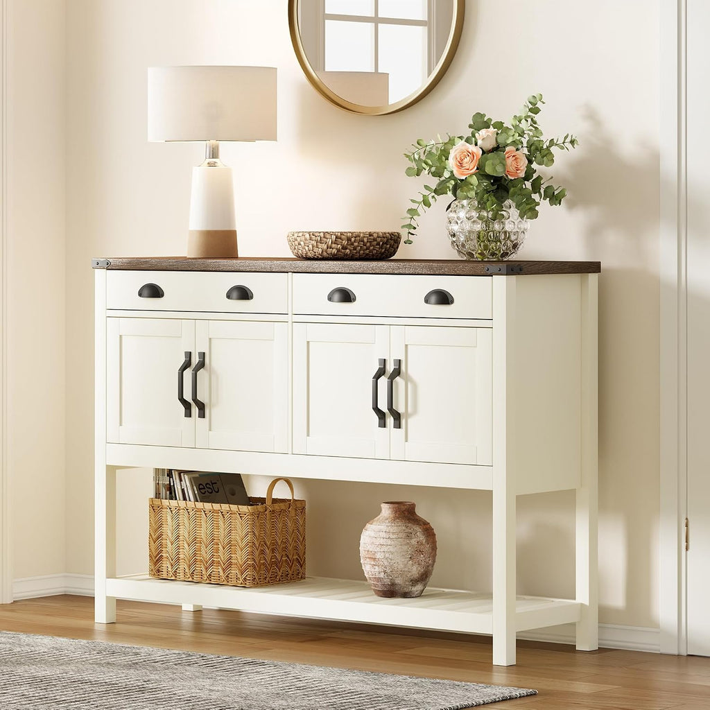 ChooChoo 47' Farmhouse Console Table with Storage, Rustic Entryway Table with Drawers & Doors, Narrow Long Sofa Table for Living Room, Hallway, Behind Couch, Soft White and Brown