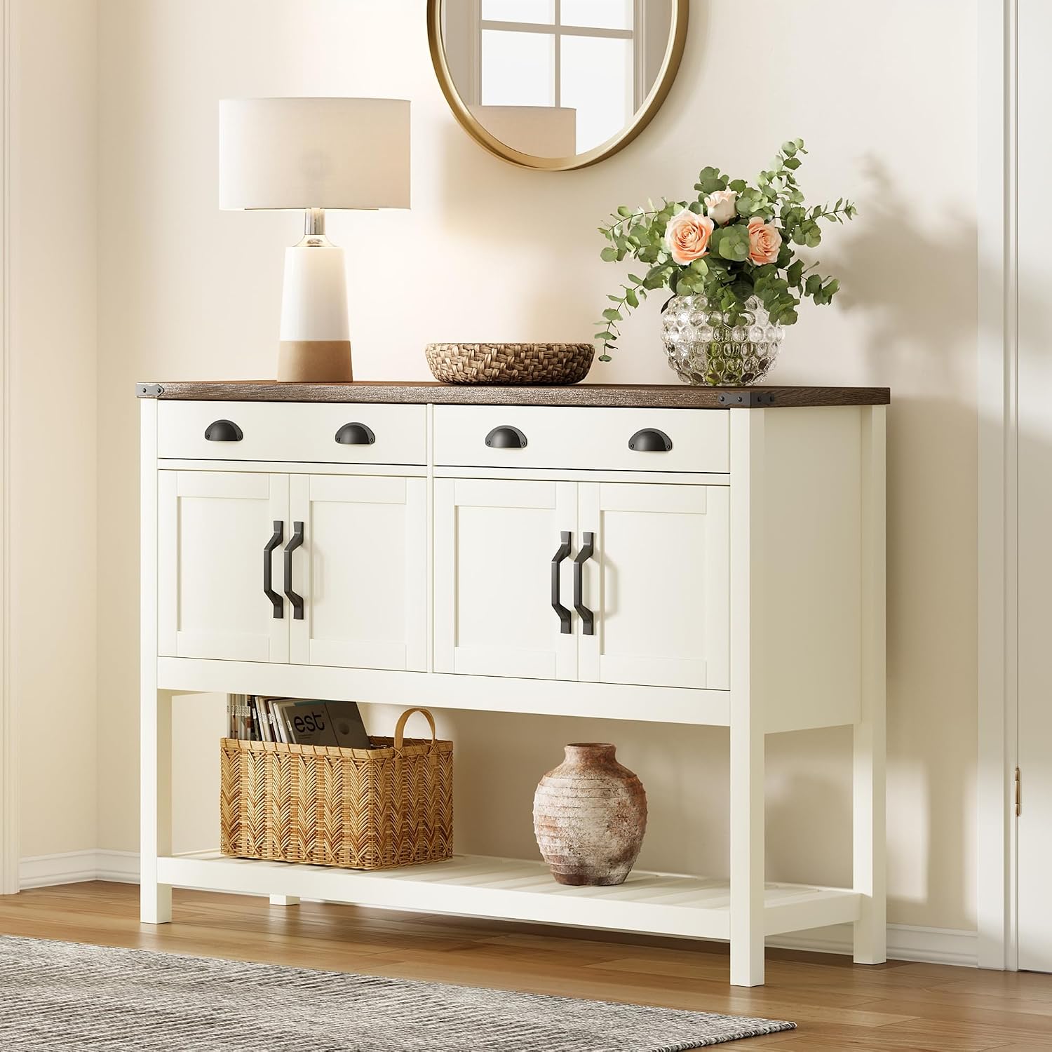 ChooChoo 47' Farmhouse Console Table with Storage, Rustic Entryway Table with Drawers & Doors, Narrow Long Sofa Table for Living Room, Hallway, Behind Couch, Soft White and Brown